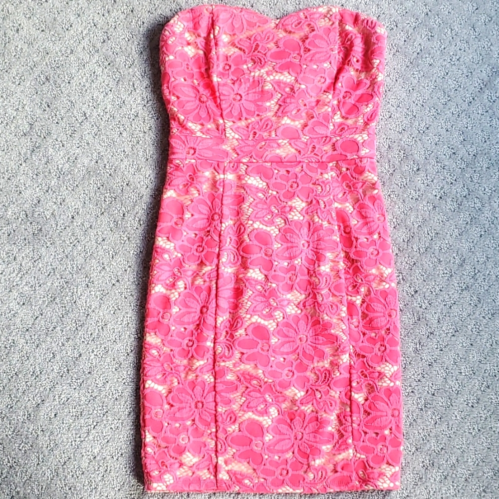 Pink lace strapless dress with nude undertones.  GUC